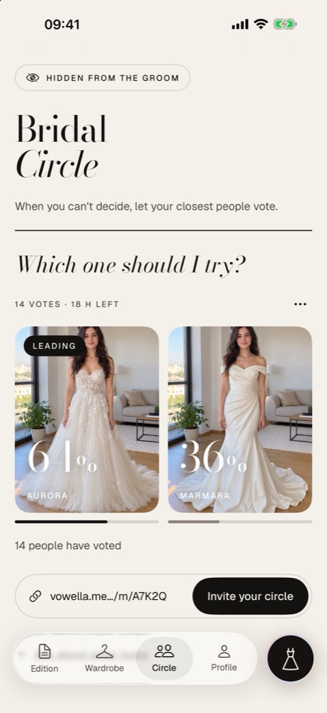 Vowella Bridal Circle: friends vote on two looks